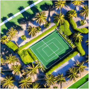 An aerial view of a pickleball court in summer