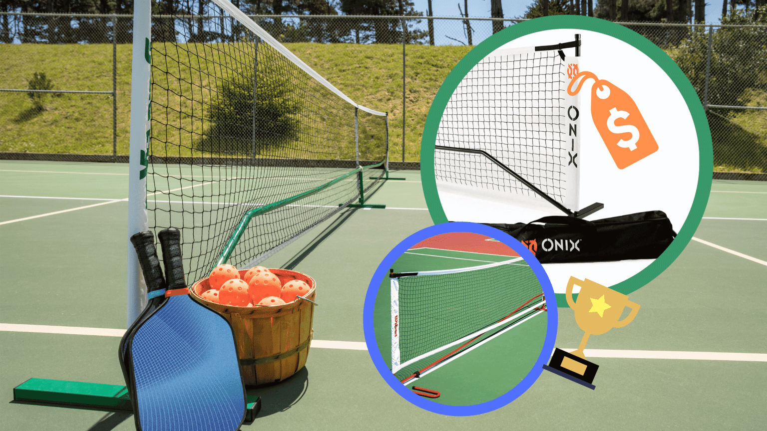 three outdoor portable pickleball nets and paddles and pickleballs