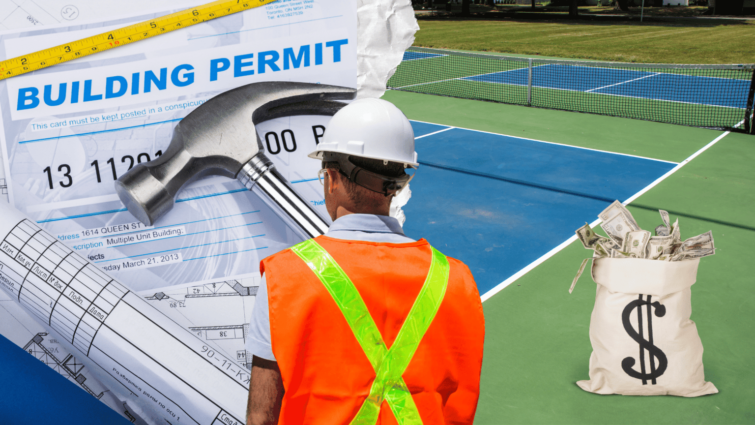 A man builds a community pickleball court with a building permit paper and a bag of money